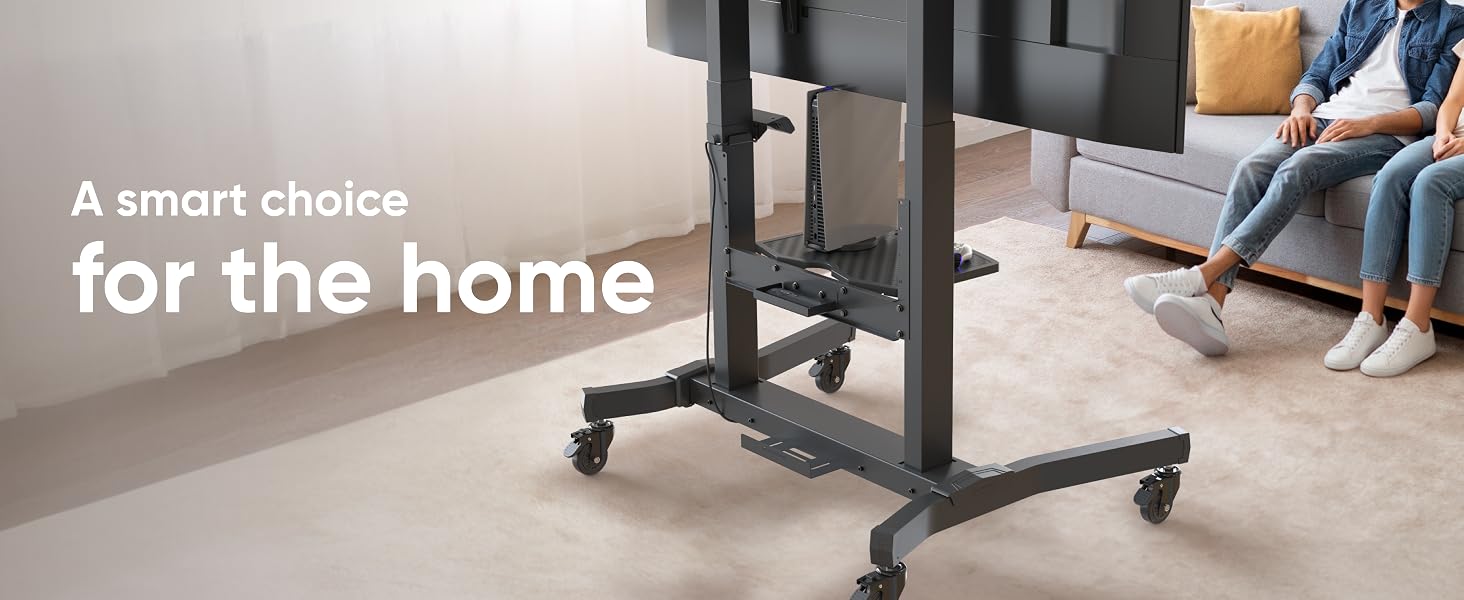 Text reads 'A smart choice for the home'. Shows a black mobile TV/monitor stand or cart against grey background with partial view of furniture.