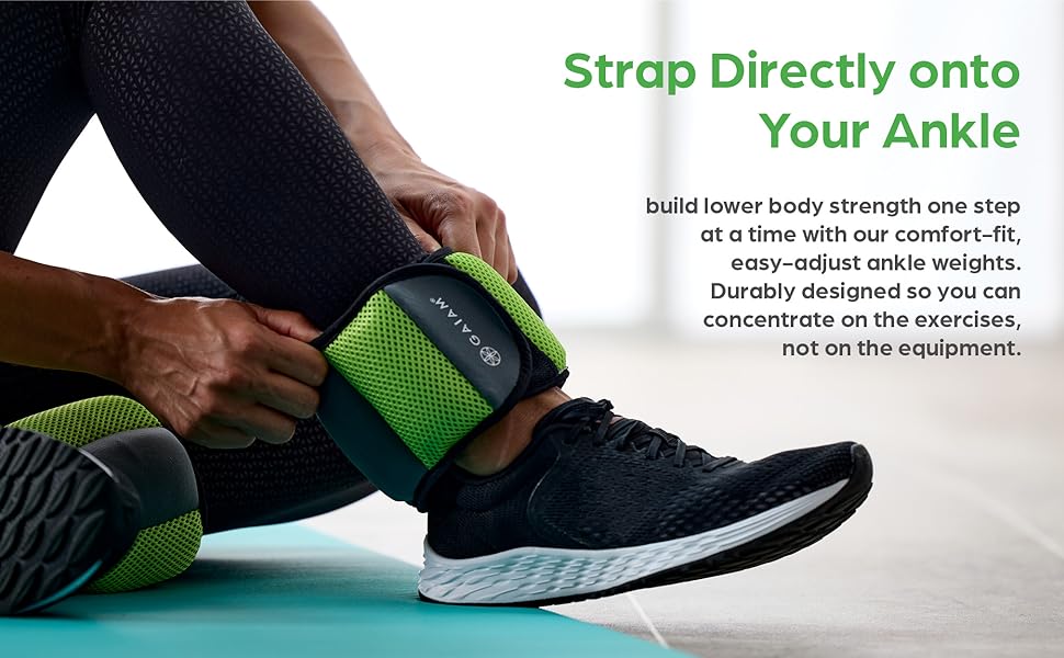 Close-up of Gaiam adjustable ankle weight strap showing secure closure and soft fabric