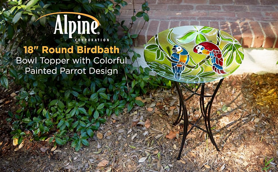 KPP602T-18 - Round Outdoor Bidrdbath Bowl Topper with Colorful Painted Parrot Design