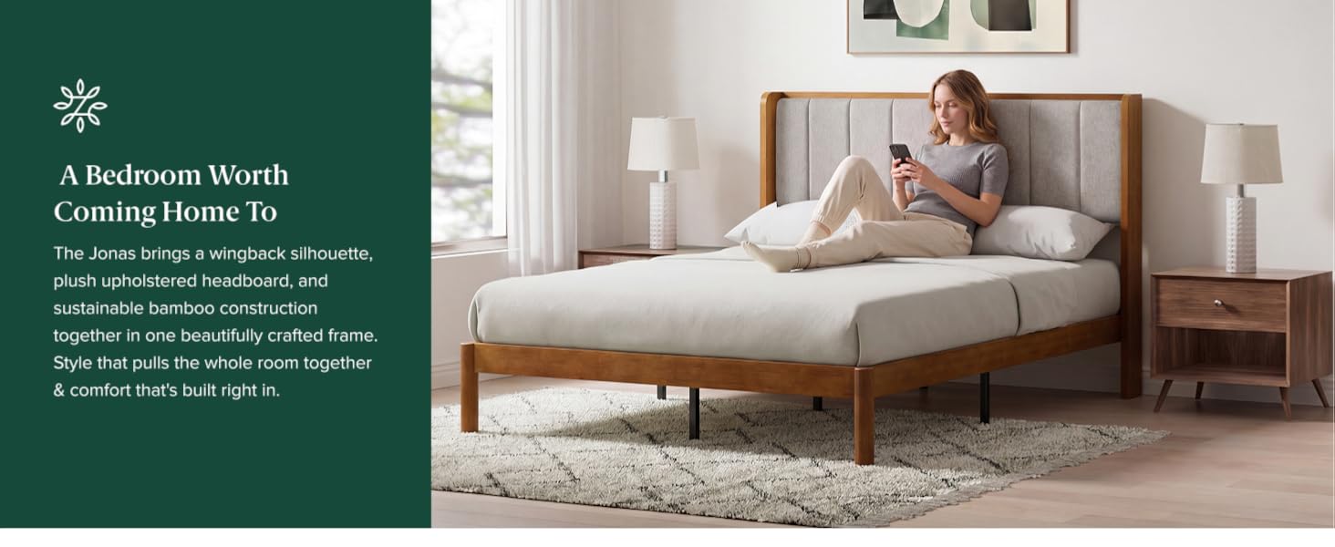 Zinus Jonas Bamboo Bed Frame with wingback headboard and warm bamboo finish in a bright bedroom
