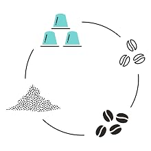 Illustration of coffee capsules, roasted coffee beans, ground coffee, and green coffee beans.