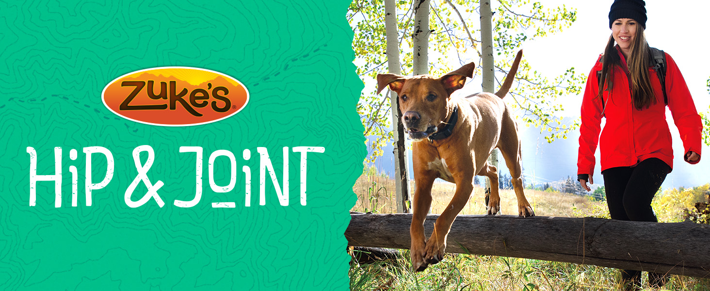 Photo of a woman walking her dog next to the Zukes Hip and Joint dog treats logo