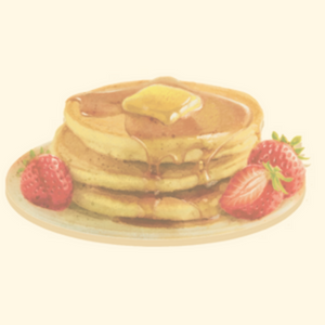 Images of pancakes topped with maple grove farms syrup, butter and strawberries