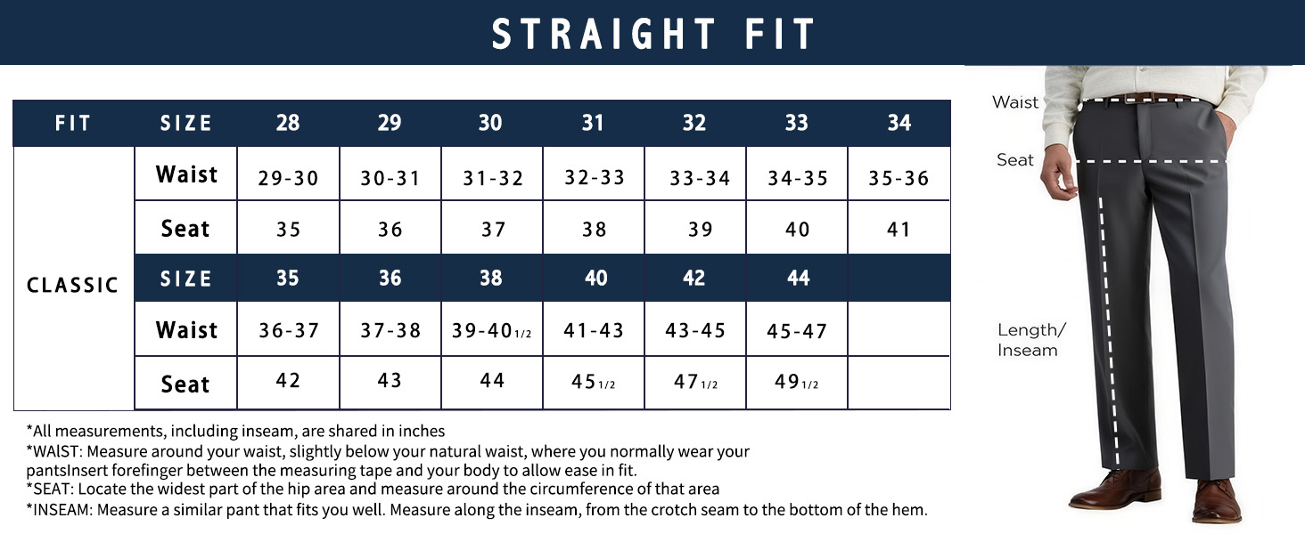 mens straight fit dress pants size chart