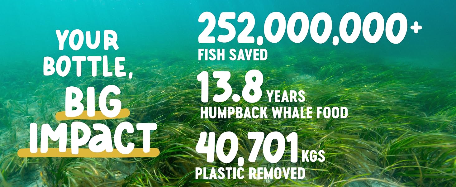 Vegan omega 3 impact stats showing fish saved plastic removed and ocean conservation benefits