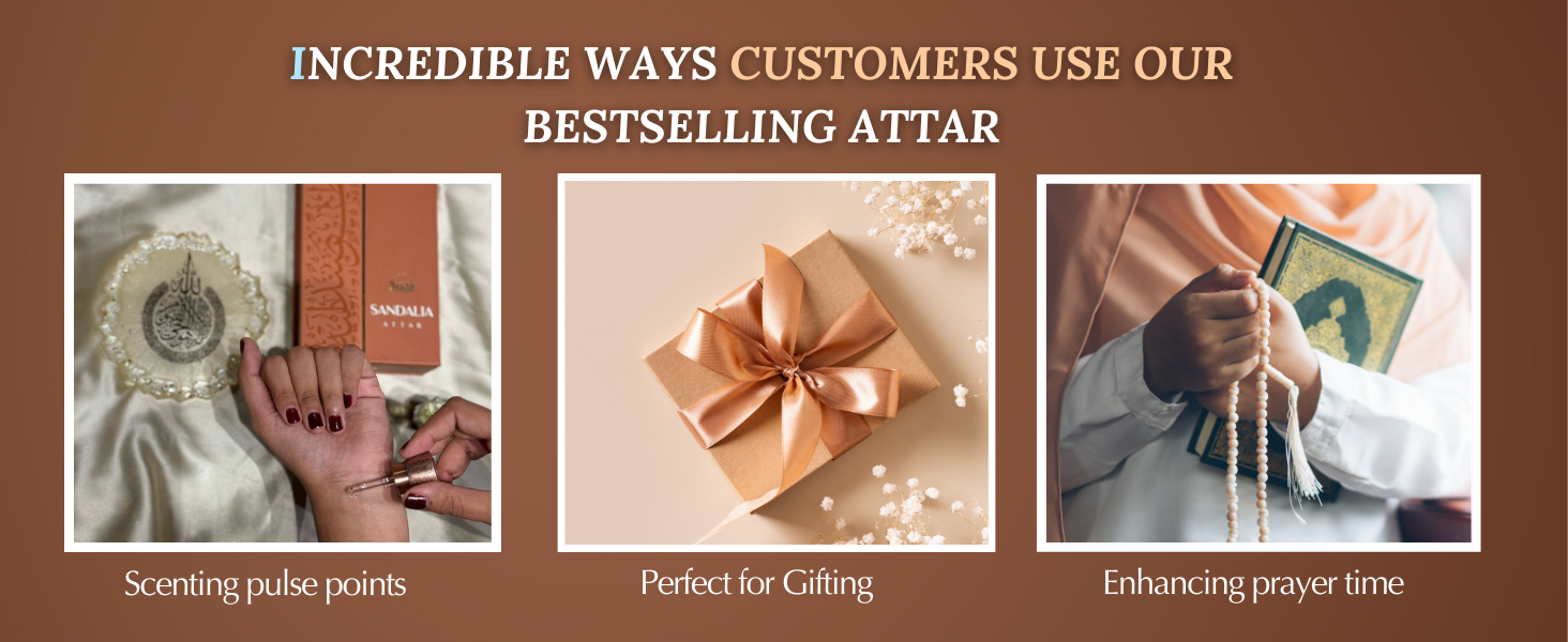 Three-panel product usage demonstration showing attar application methods, including perfume packaging and gifting options