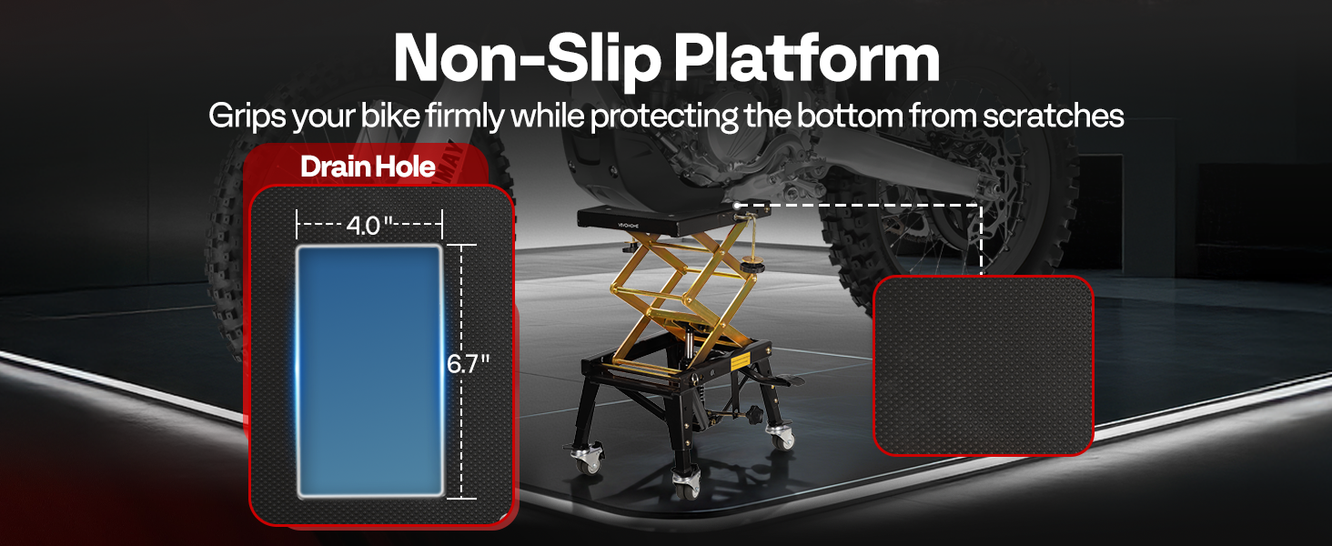 This motorcycle lift stand has a non-slip platform to grip bikes firmly.
