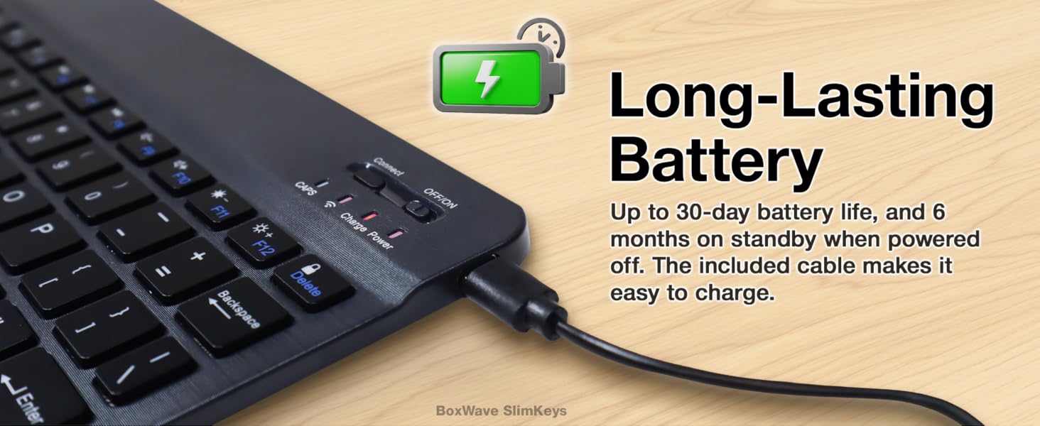 Long-lasting battery lasts up to 30 days or 6 months on standby. Charging cable is included