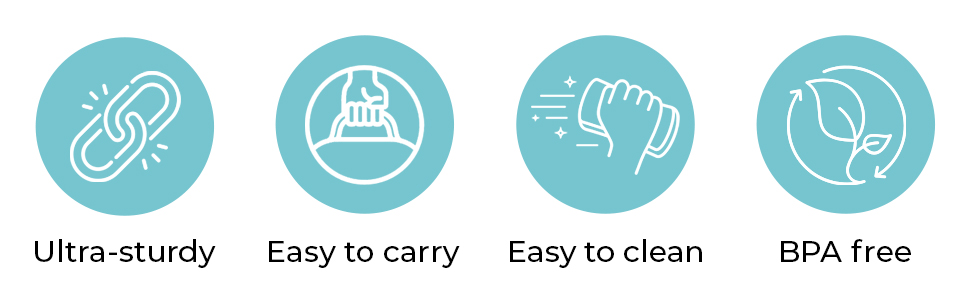 sturdy, easy to carry, easy to clean, BPA Free