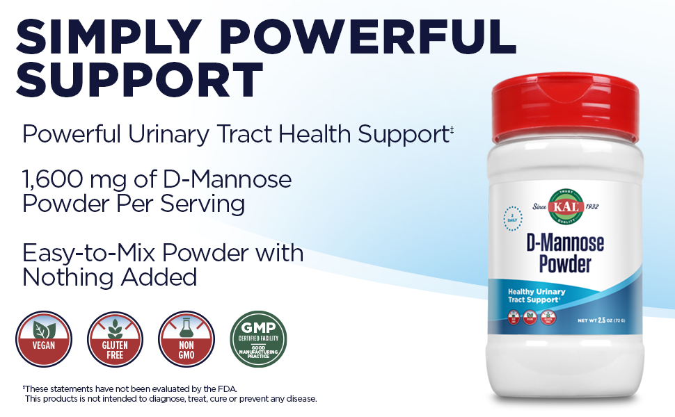 KAL D-Mannose 1600mg Fast-Dissolving Powder to Support Urinary Tract Health Unflavored 45 Servings