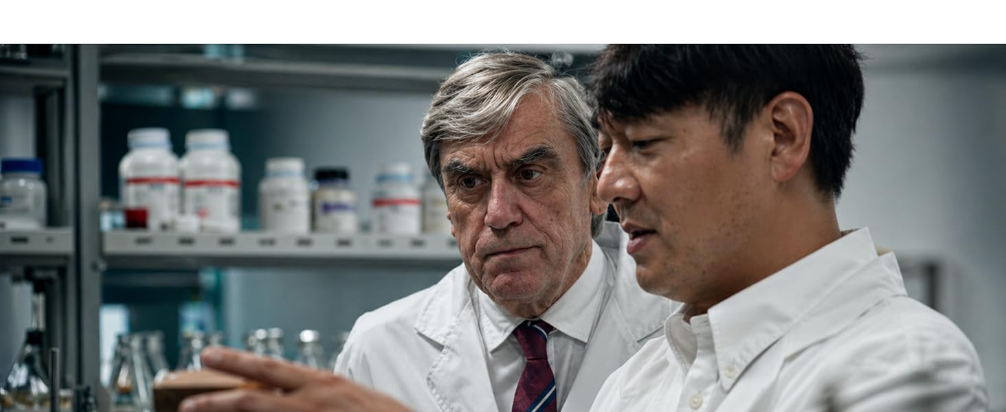 Two men in professional attire examining items in a laboratory or medical facility setting with shelving containing bottles and containers in the background.