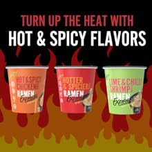 Ramen express hot and spicy chicken, hotter and spicier and lime and chili shrimp flavor cups
