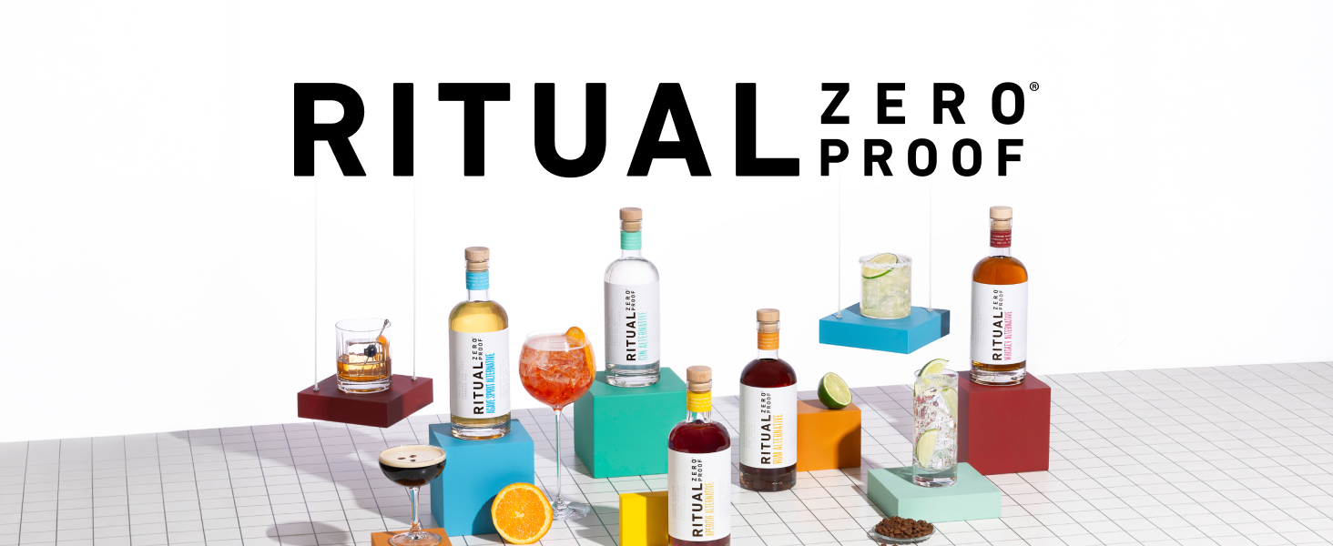 5 Ritual Bottles with cocktails on a white background