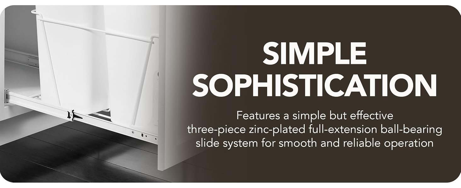 Focused on the metal bottom mount mechanism. Text reads: Simple Sophistication