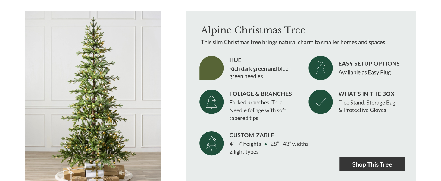 Balsam Hill Alpine Christmas Tree is a slim option that brings charm to smaller homes and spaces