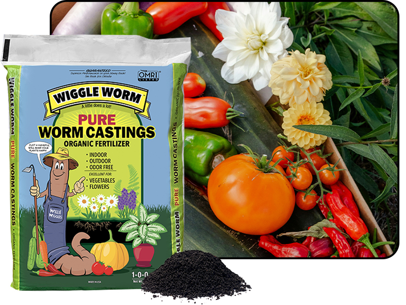 4.5lb bag of Pure Worm Castings in front of a photo of flowers fruits and vegetables