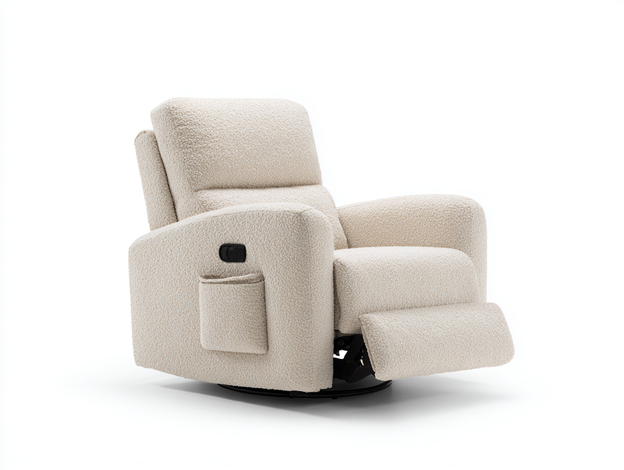 Liegesessel Boucléstoff 96x94x103 cm - Cremeweiß - drehbarer Relaxsessel mit Seitentasche-Zaviamohaus