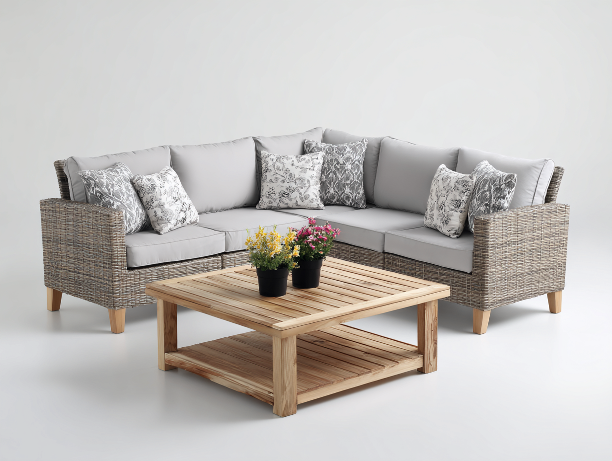 Gartensofa 245x245x82 cm - Polyrattan und Holz in Grau-Natur - für Garten und Terrasse - moderner Stil-Zaviamohaus