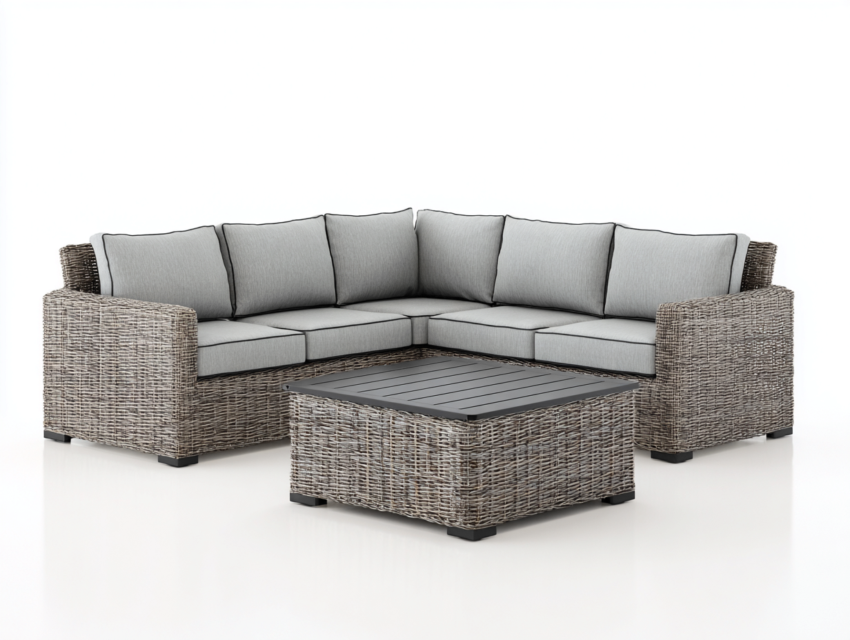 Gartensofa Rattan Metall 260x260x82 cm - Grau Schwarz - Ecksofa mit Gartentisch-Zaviamohaus