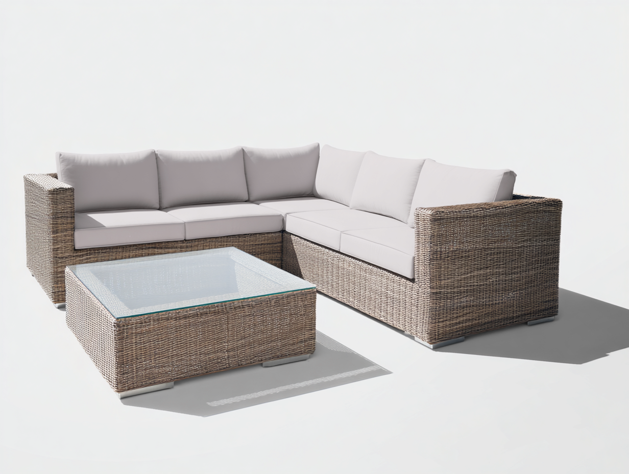 Gartensofa Rattan Glas Metall 270x270x82 cm - Braun Beige Grau - Ecksofa mit Gartentisch-Zaviamohaus