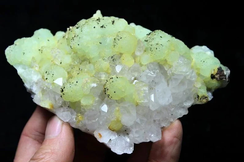 225g 115mm Yellowish-green Prehnite balls with tiny black Babingtonite on Quartz cluster Mineral Specimen China CM541157