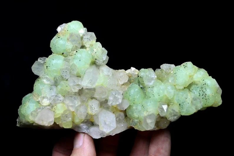 345g 145mm Gemmy Green Prehnite balls with tiny black Babingtonite on Quartz matrix Mineral Specimen China CM541102