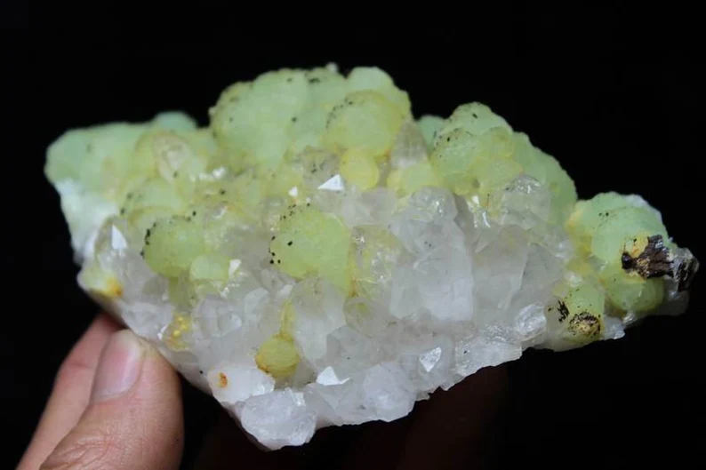 225g 115mm Yellowish-green Prehnite balls with tiny black Babingtonite on Quartz cluster Mineral Specimen China CM541157