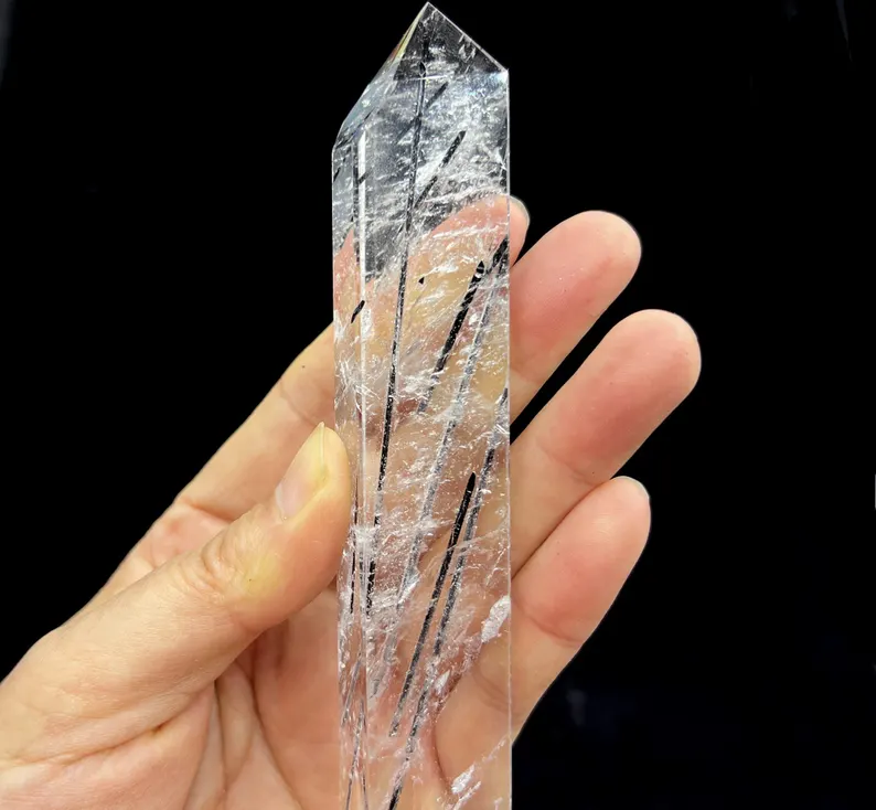LARGE Polished Quartz point with black Tourmaline inclusion, 205mm 150g, CM2392223