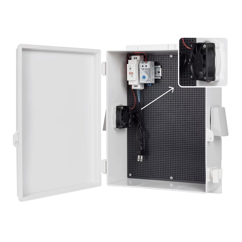  Outdoor Electrical Box with Thermostat and Fan, ABS Water Resistant Enclosure with Internal Mounting Panel & Hinged Cover, FH Series