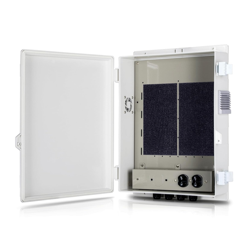 Outdoor Electrical Junction Box with High Power Outlet, ABS Water Resistant Enclosure with Internal Mounting Panel & Hinged Cover, Q Series