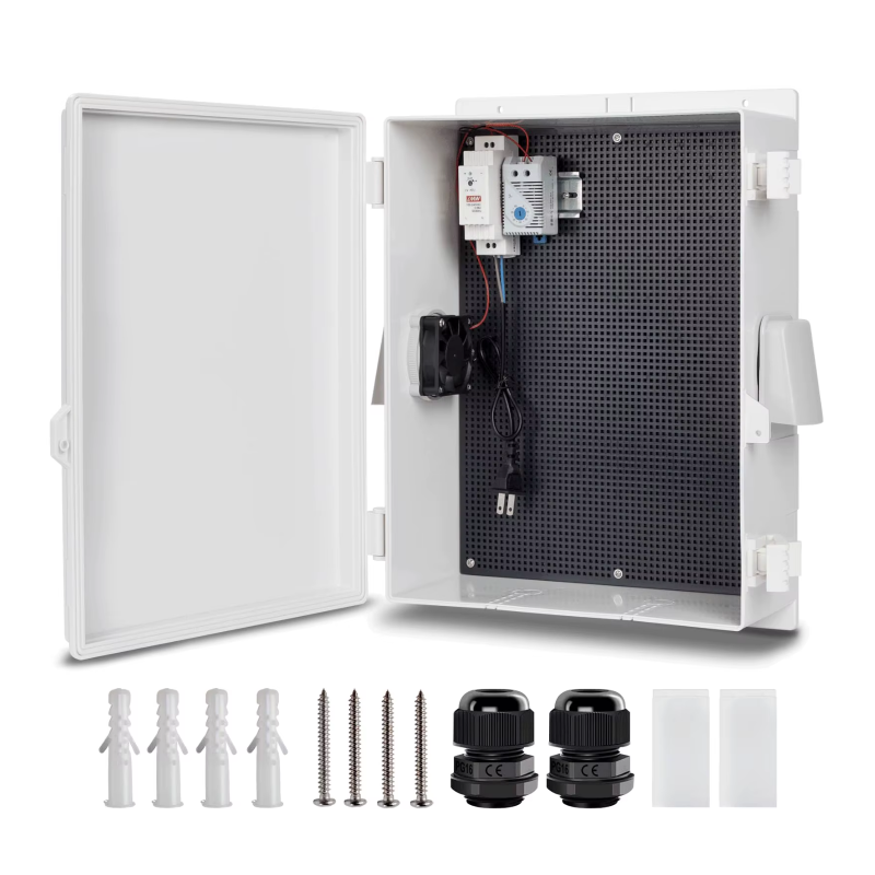 Outdoor Electrical Box with Thermostat and Fan, ABS Water Resistant Enclosure with Internal Mounting Panel & Hinged Cover, FH Series
