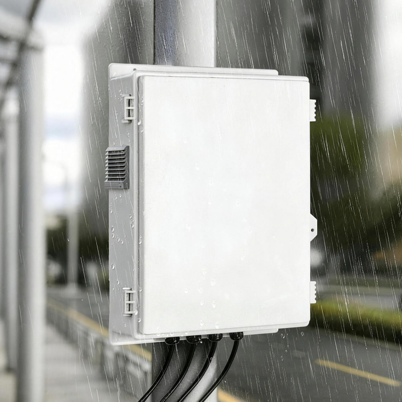 Outdoor Electrical Junction Box with High Power Outlet, ABS Water Resistant Enclosure with Internal Mounting Panel & Hinged Cover, Q Series