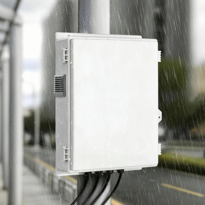 Outdoor Electrical Junction Box with High Power Outlet, ABS Water Resistant Enclosure with Internal Mounting Panel & Hinged Cover, Q Series