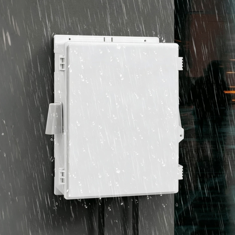  Outdoor Electrical Box with Thermostat and Fan, ABS Water Resistant Enclosure with Internal Mounting Panel & Hinged Cover, FH Series