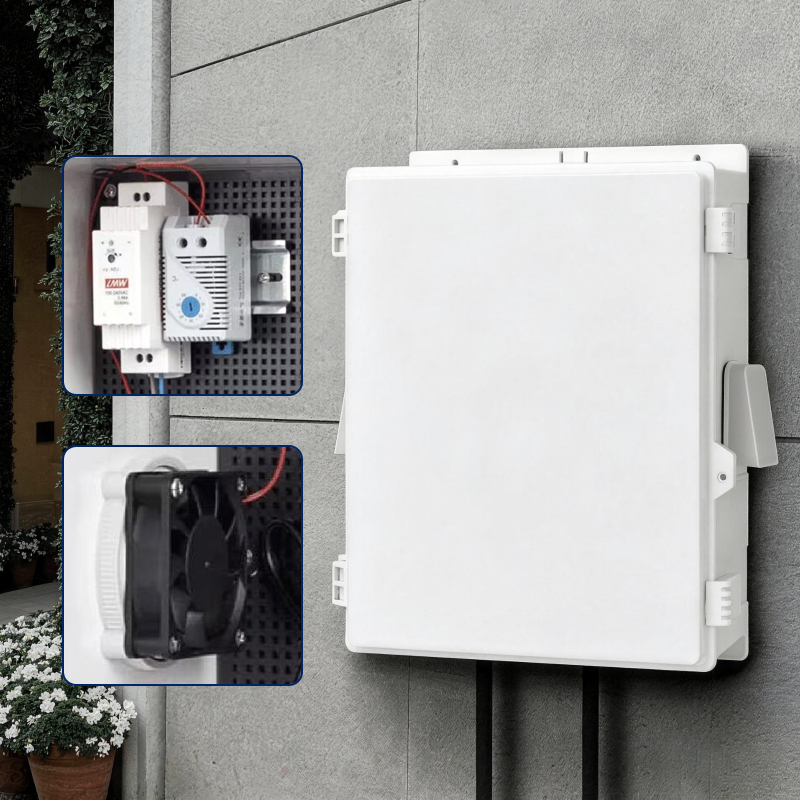  Outdoor Electrical Box with Thermostat and Fan, ABS Water Resistant Enclosure with Internal Mounting Panel & Hinged Cover, FH Series