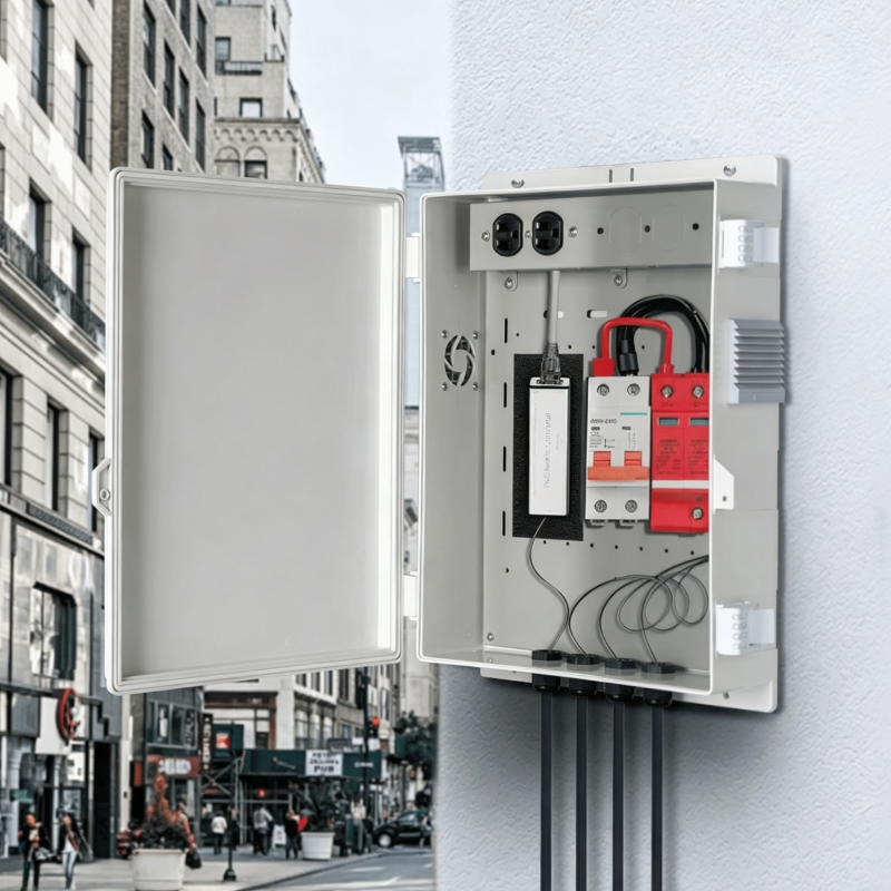 Outdoor Electrical Junction Box with High Power Outlet, ABS Water Resistant Enclosure with Internal Mounting Panel & Hinged Cover, Q Series