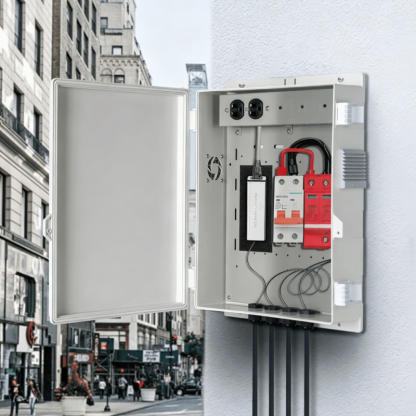 Outdoor Electrical Junction Box with High Power Outlet, ABS Water Resistant Enclosure with Internal Mounting Panel & Hinged Cover, Q Series