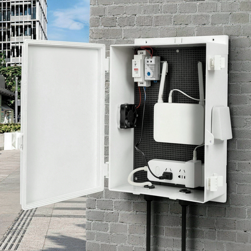  Outdoor Electrical Box with Thermostat and Fan, ABS Water Resistant Enclosure with Internal Mounting Panel & Hinged Cover, FH Series