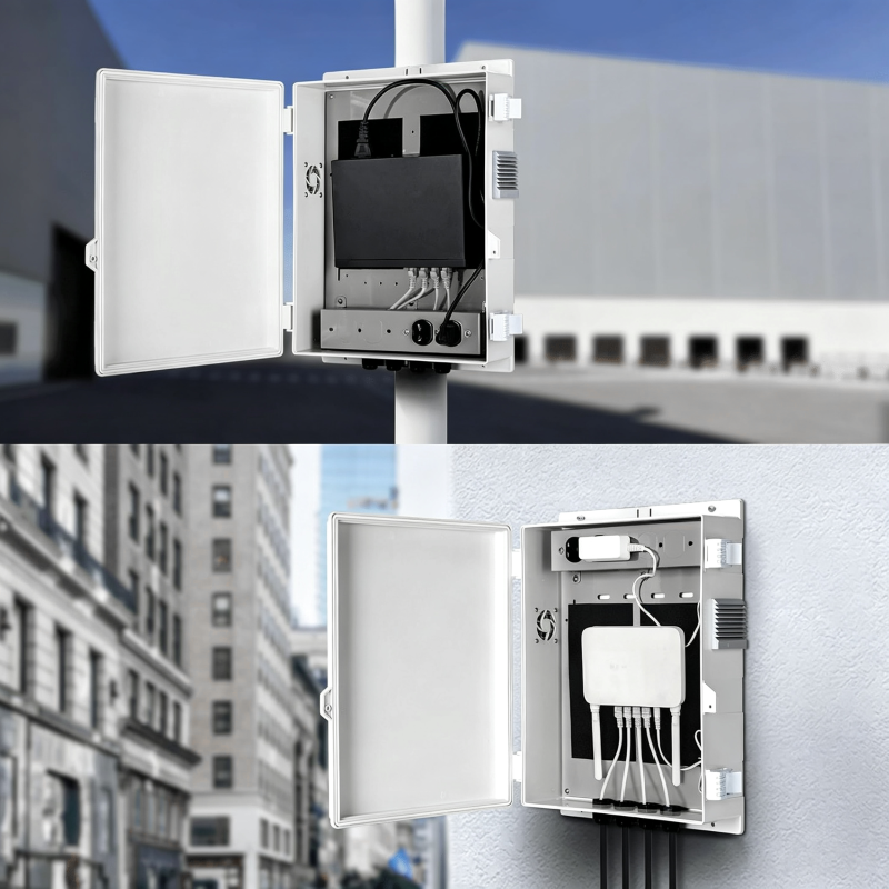 Outdoor Electrical Junction Box with High Power Outlet, ABS Water Resistant Enclosure with Internal Mounting Panel & Hinged Cover, Q Series