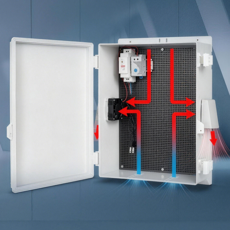  Outdoor Electrical Box with Thermostat and Fan, ABS Water Resistant Enclosure with Internal Mounting Panel & Hinged Cover, FH Series