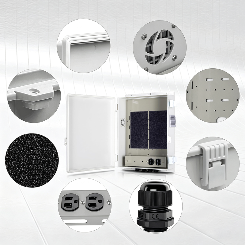 Outdoor Electrical Junction Box with High Power Outlet, ABS Water Resistant Enclosure with Internal Mounting Panel & Hinged Cover, Q Series