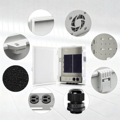 Outdoor Electrical Junction Box with High Power Outlet, ABS Water Resistant Enclosure with Internal Mounting Panel & Hinged Cover, Q Series