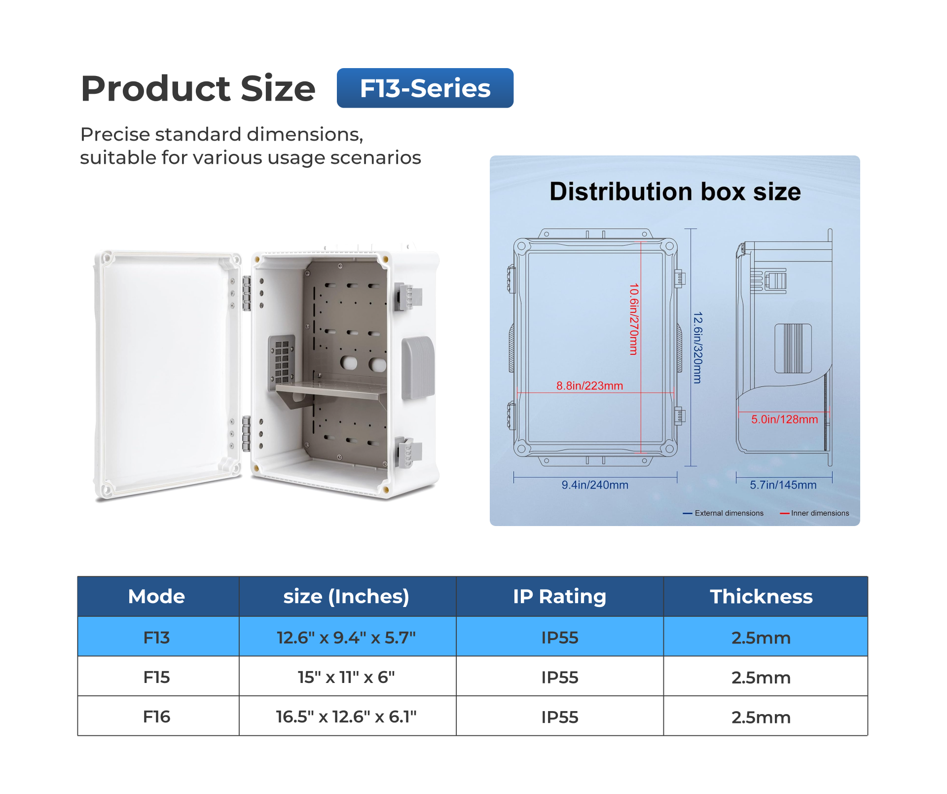  Outdoor Electrical Box , ABS Water Resistant Enclosure with Internal Mounting Panel & Hinged Cover, F Series