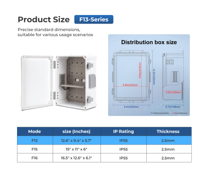  Outdoor Electrical Box , ABS Water Resistant Enclosure with Internal Mounting Panel & Hinged Cover, F Series