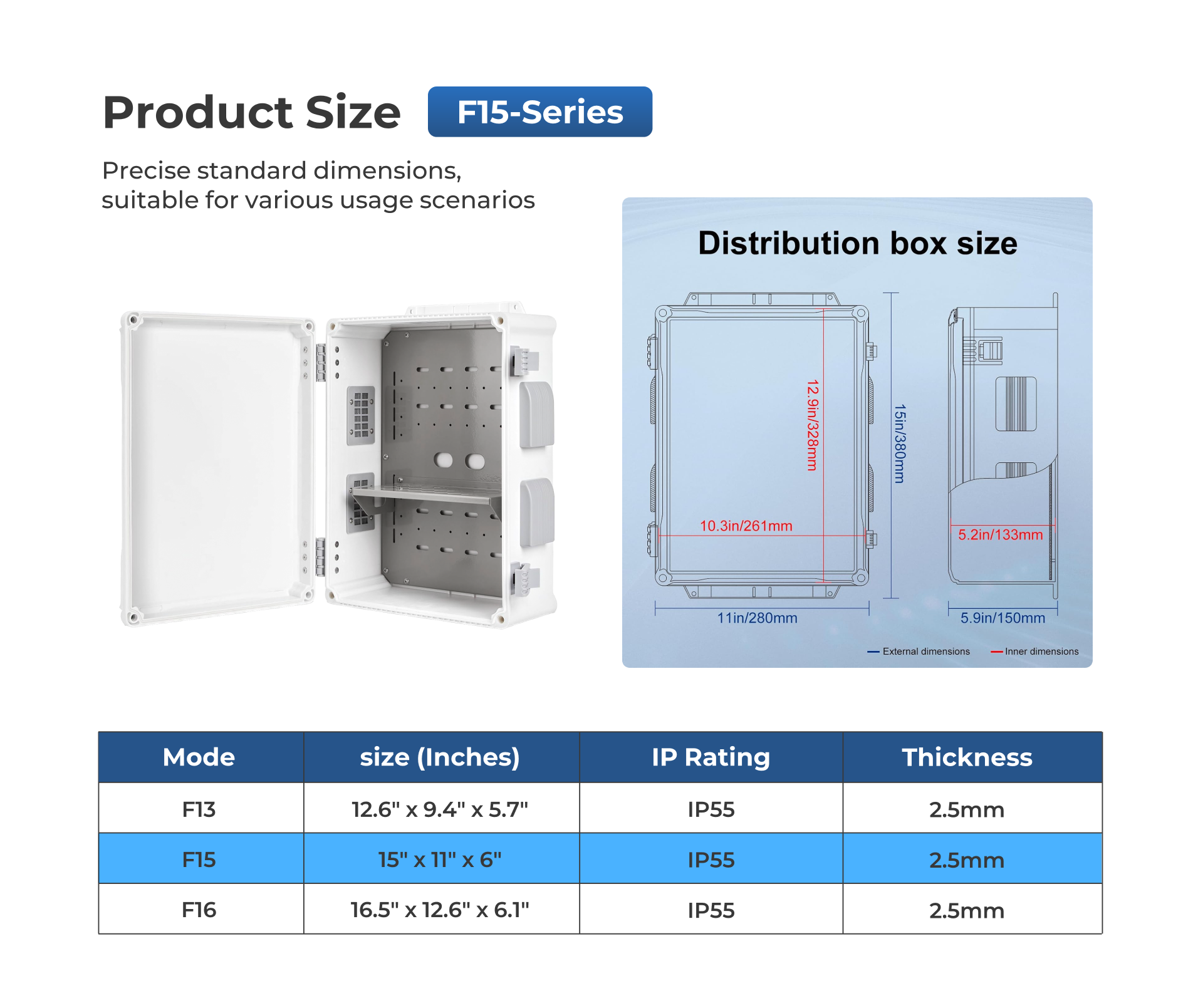  Outdoor Electrical Box , ABS Water Resistant Enclosure with Internal Mounting Panel & Hinged Cover, F Series