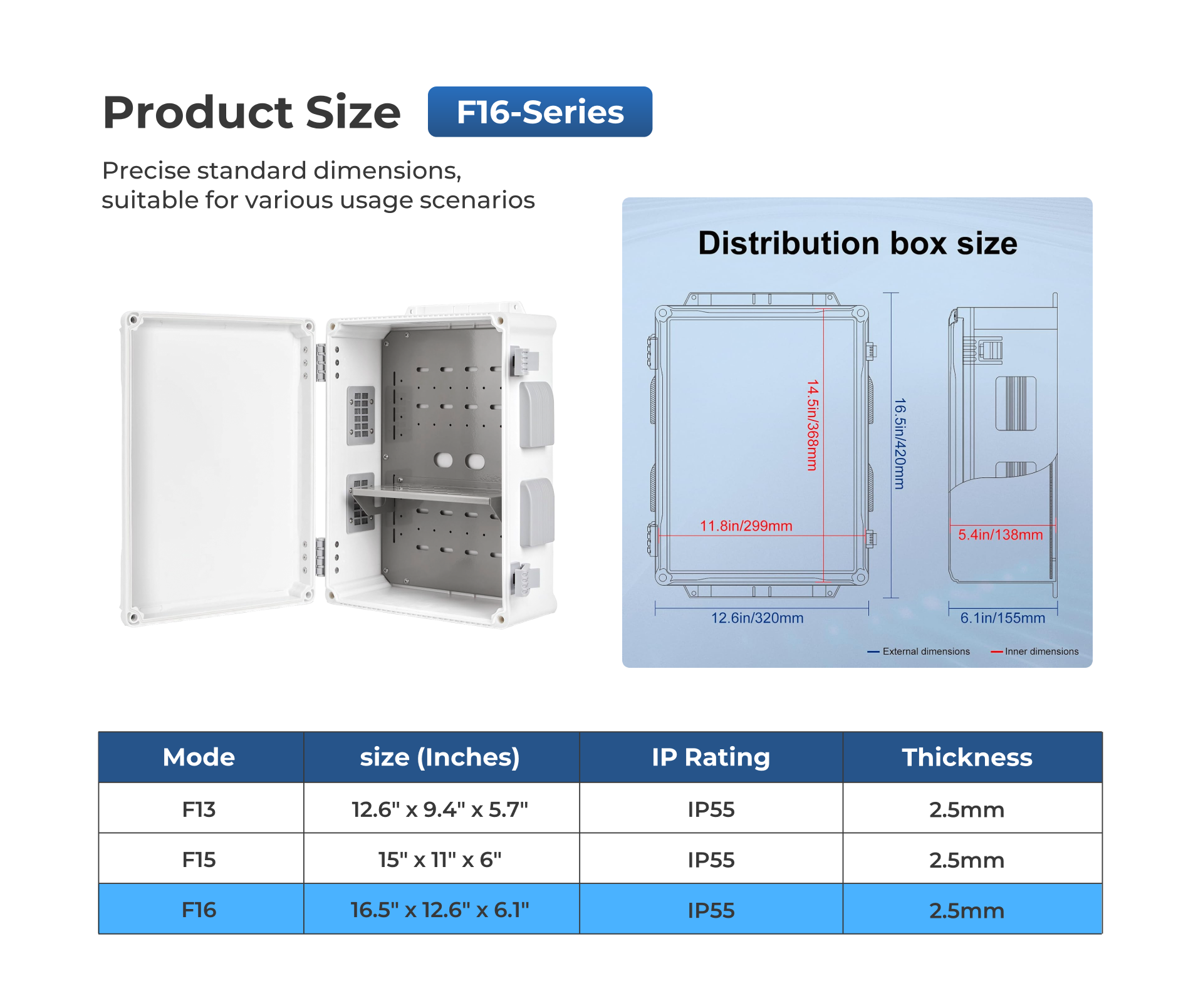  Outdoor Electrical Box , ABS Water Resistant Enclosure with Internal Mounting Panel & Hinged Cover, F Series