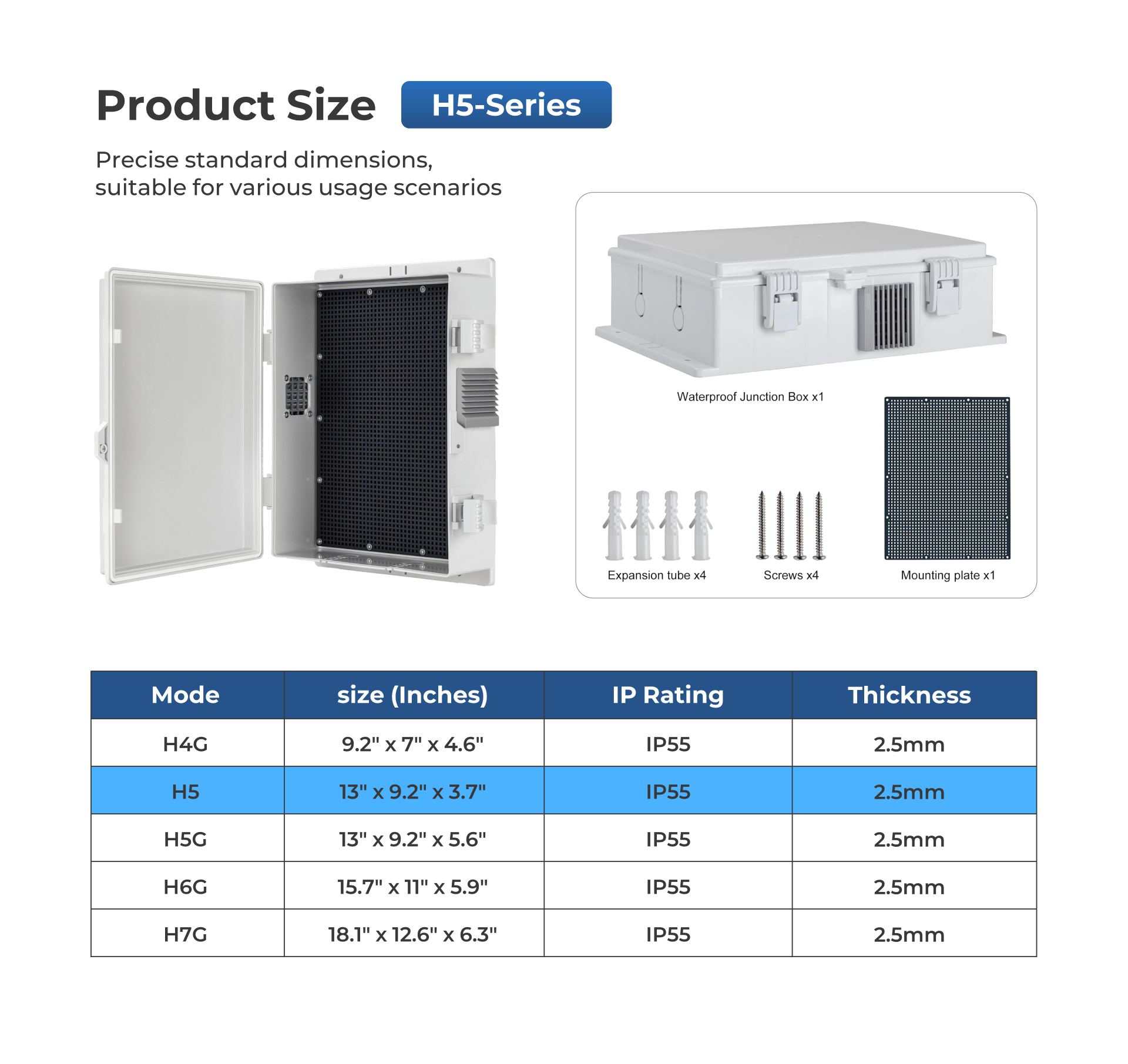 Outdoor Electrical Junction Box, ABS Water Resistant Enclosure with Internal Mounting Panel & Hinged Cover, H Series