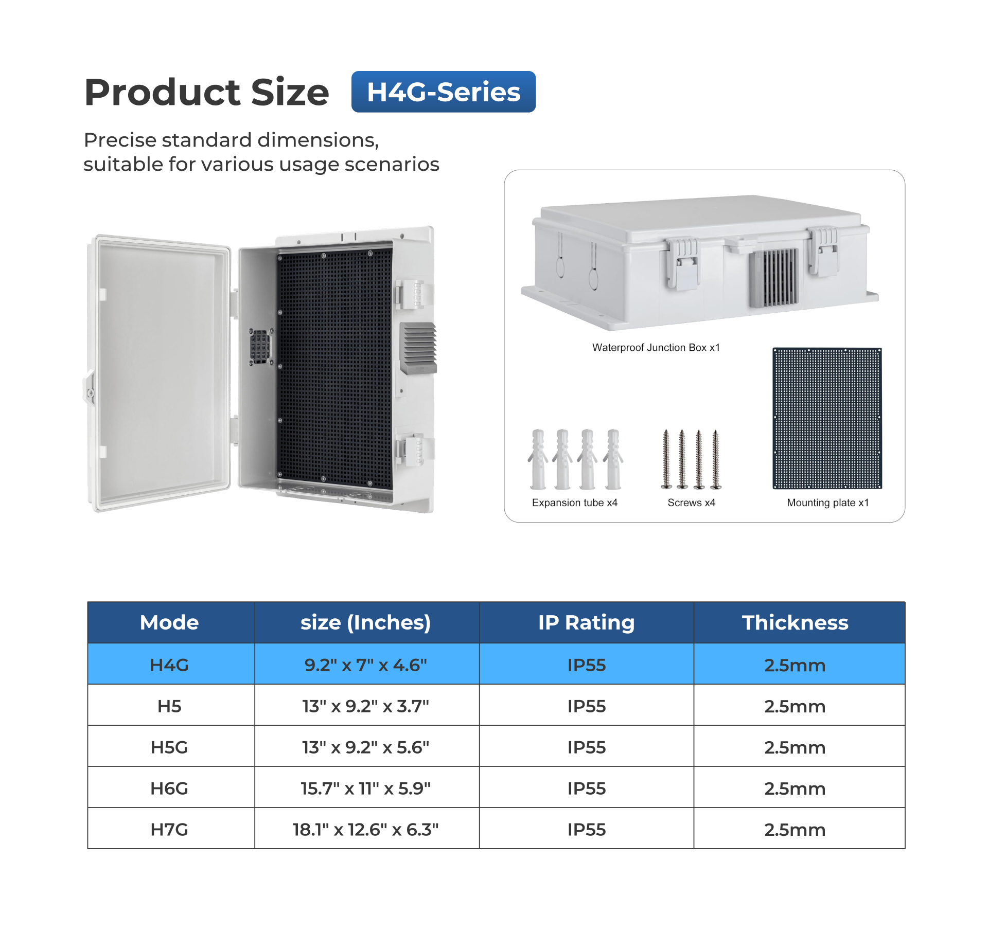 Outdoor Electrical Junction Box, ABS Water Resistant Enclosure with Internal Mounting Panel & Hinged Cover, H Series