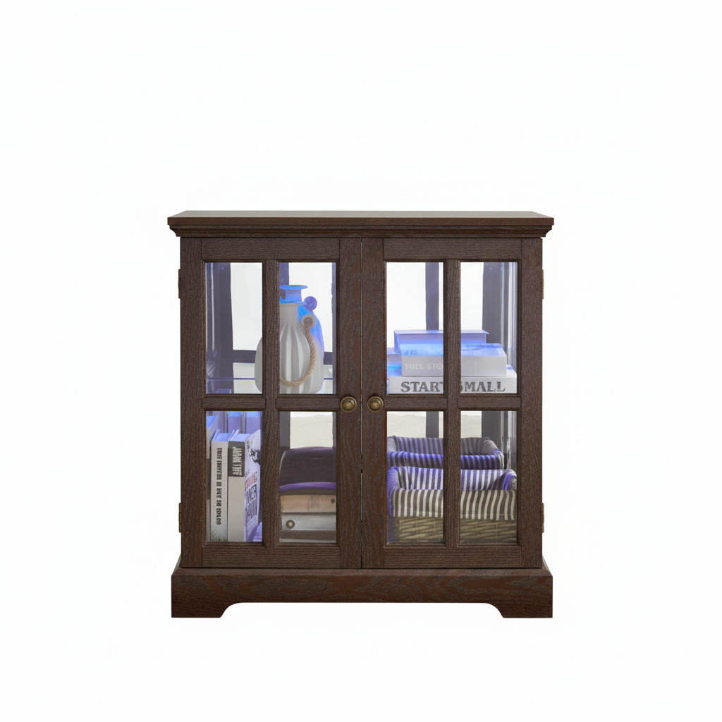 LED Curio Cabinet with Glass Double Doors and Display Shelves for Living Room, Dining Room, or Entryway Storage