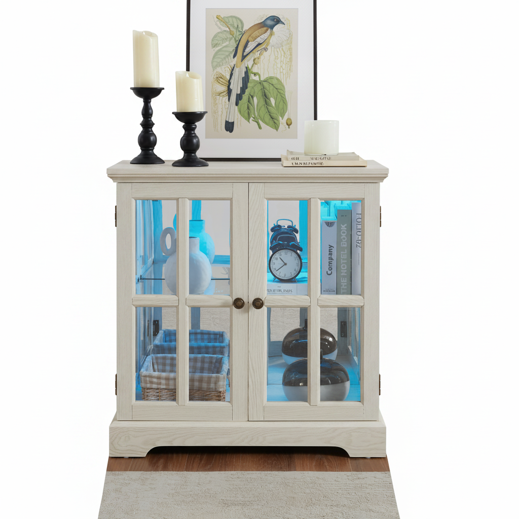 LED Curio Cabinet with Glass Double Doors and Display Shelves for Living Room, Dining Room, or Entryway Storage